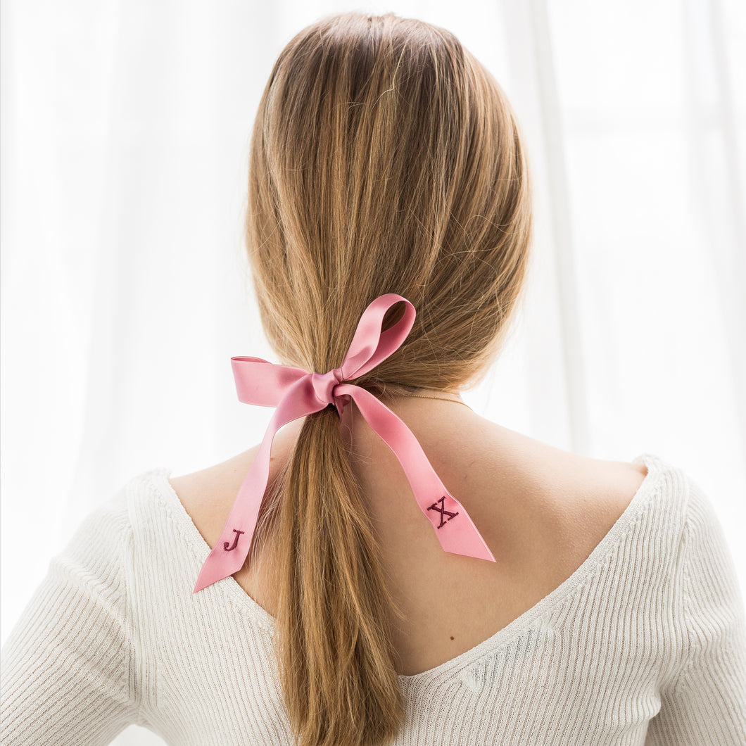 Pink personalised hair ribbon with monogrammed embroidered initials
